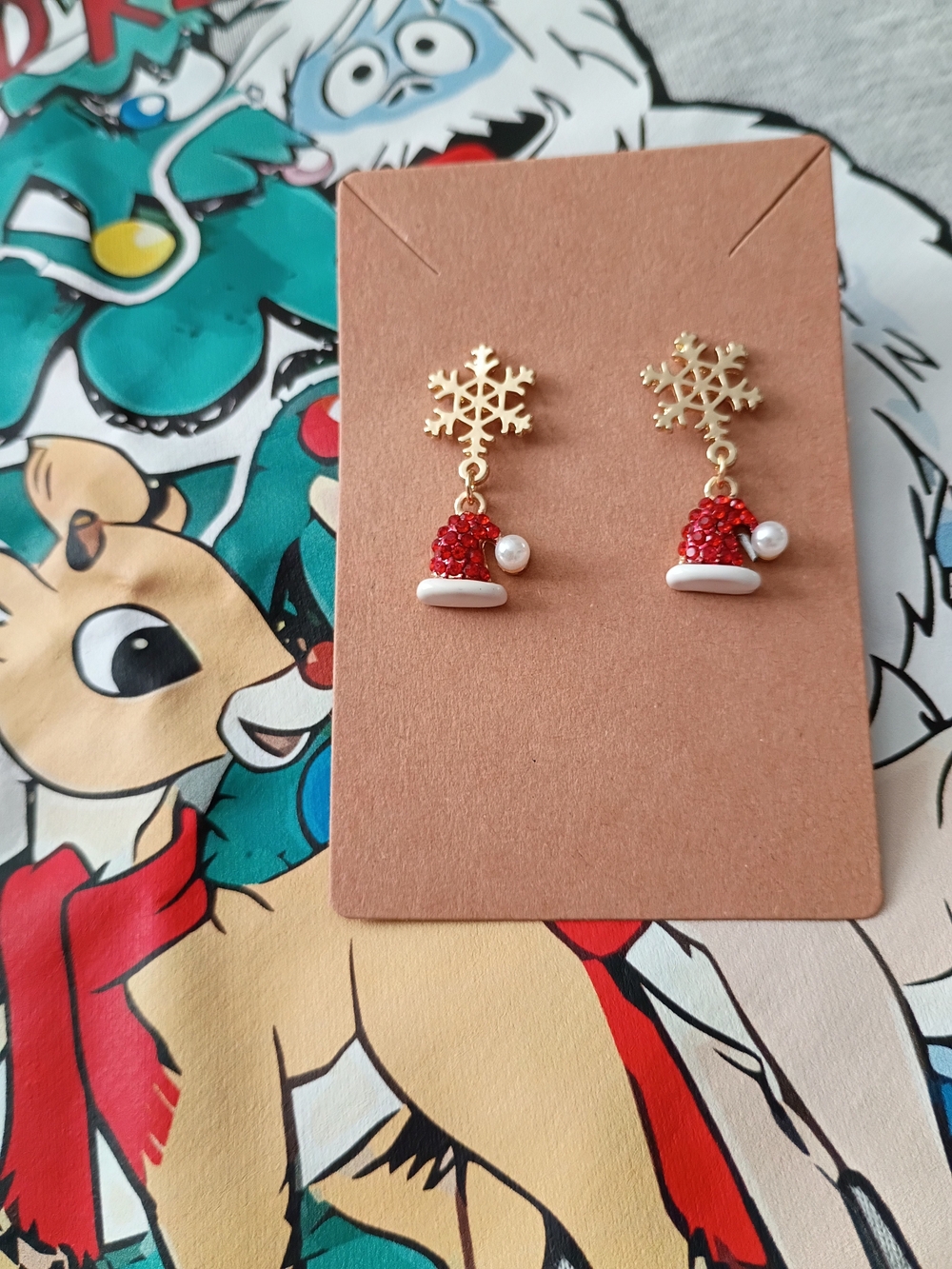 Gold Snowflake & Red Rhinestone Santa Hat Dangle Earrings.